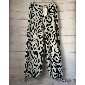 Zara Black and White Animal Print Trousers High Rise Joggers Cow Print Size S